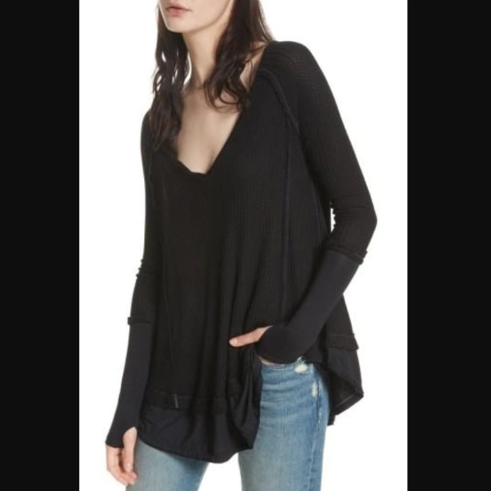 Free People Black Long Sleeve V-Neck Layered Tunic